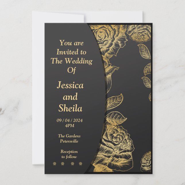Stylish black and gold Wedding Invitation, Invitation (Front)