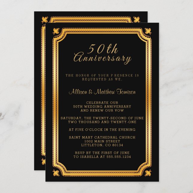 Stylish Black and Golden Anniversary Invitation (Front/Back)