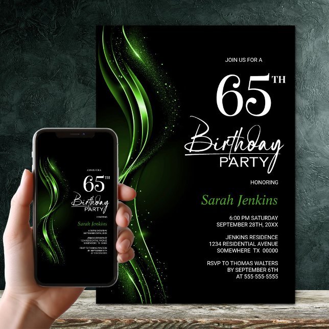 Stylish Black and Green 65th Birthday Party Invitation (Creator Uploaded)