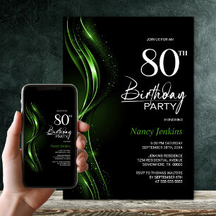 Stylish Black and Green 80th Birthday Party Invitation