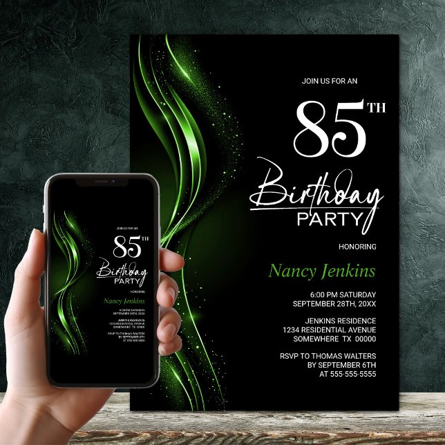 Stylish Black and Green 85th Birthday Party Invitation (Creator Uploaded)