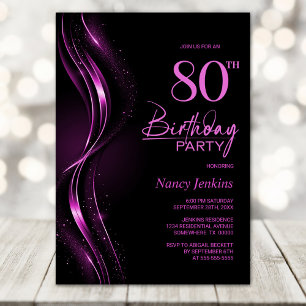 Stylish Black and Pink 80th Birthday Party Invitation