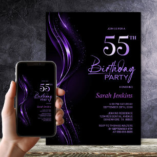 Stylish Black and Purple 55th Birthday Party Invitation