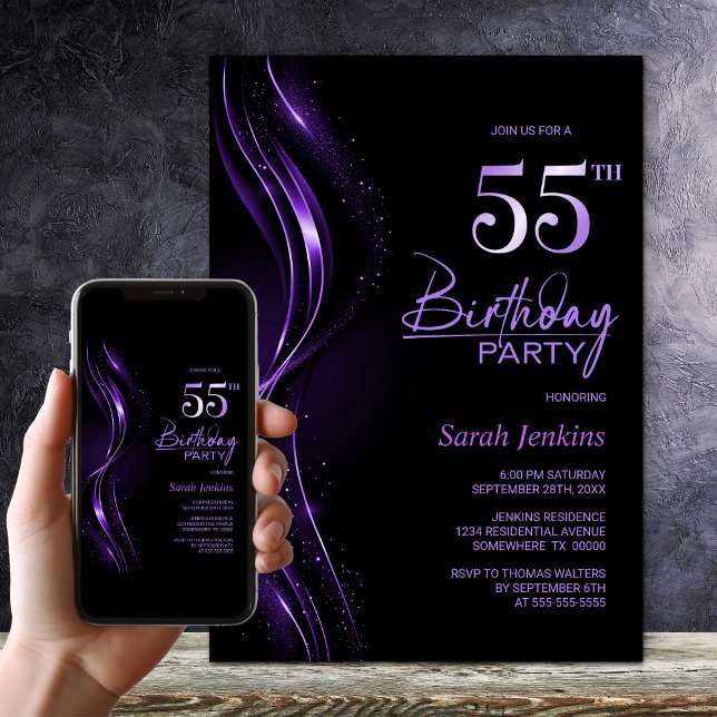Stylish Black and Purple 55th Birthday Party Invitation (Creator Uploaded)