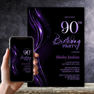 Stylish Black and Purple 90th Birthday Party Invitation