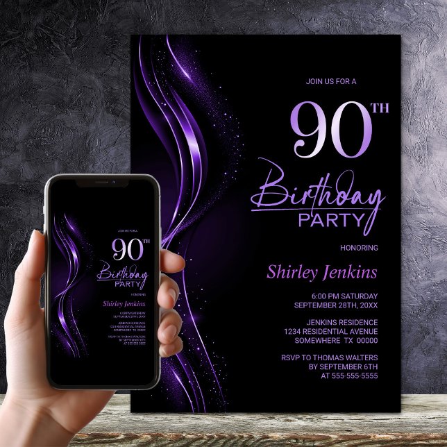 Stylish Black and Purple 90th Birthday Party Invitation (Creator Uploaded)