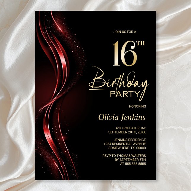 Stylish Black and Red 16th Birthday Party Invitation (Creator Uploaded)