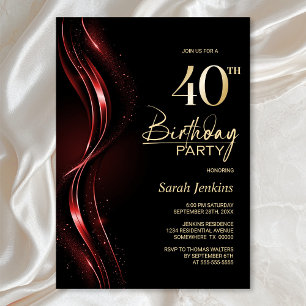 Stylish Black and Red 40th Birthday Party Invitation