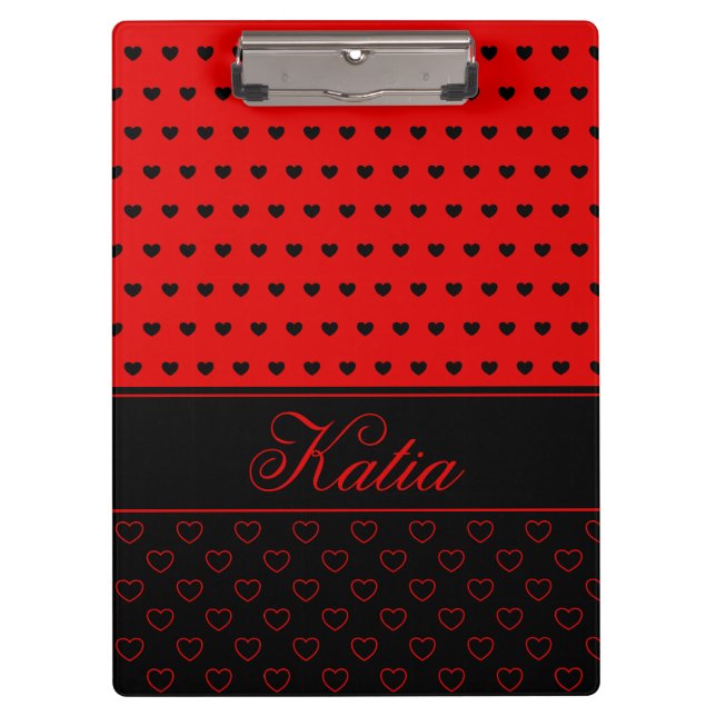 Stylish Black And Red Hearts, Custom Name Clipboard (Front)
