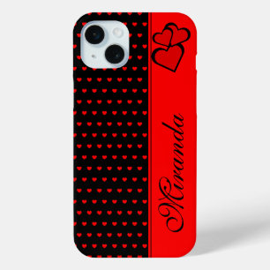 Stylish Black And Red Hearts Pattern Name Template iPhone 15 Mini Case