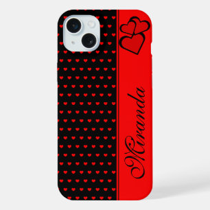 Stylish Black And Red Hearts Pattern Name Template iPhone 15 Plus Case