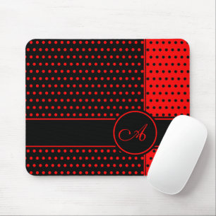 Stylish Black And Red Polka Dots Pattern, Monogram Mouse Pad
