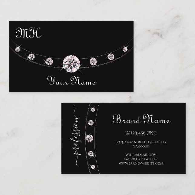 Stylish Black and Rose Gold with Monogram Elegant Business Card (Front/Back)