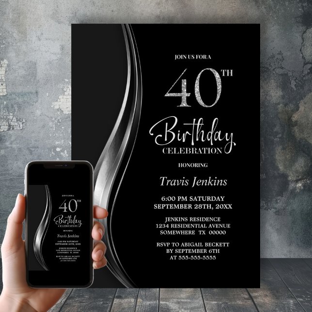 Stylish Black and Silver 40th Birthday Party Invitation (Creator Uploaded)