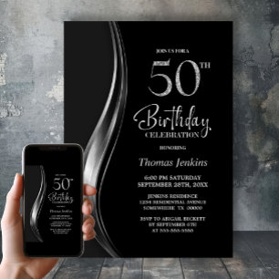 Stylish Black and Silver 50th Birthday Party Invitation