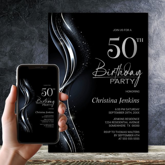 Stylish Black and Silver 50th Birthday Party Invitation (Creator Uploaded)