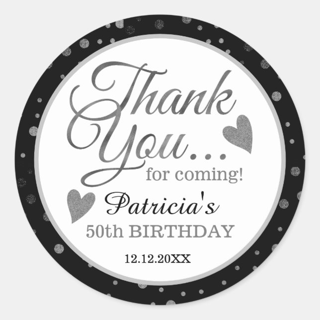 Stylish Black And Silver 50th Birthday Thank You   Classic Round Sticker (Front)