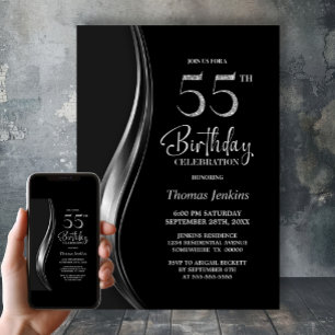 Stylish Black and Silver 55th Birthday Party Invitation