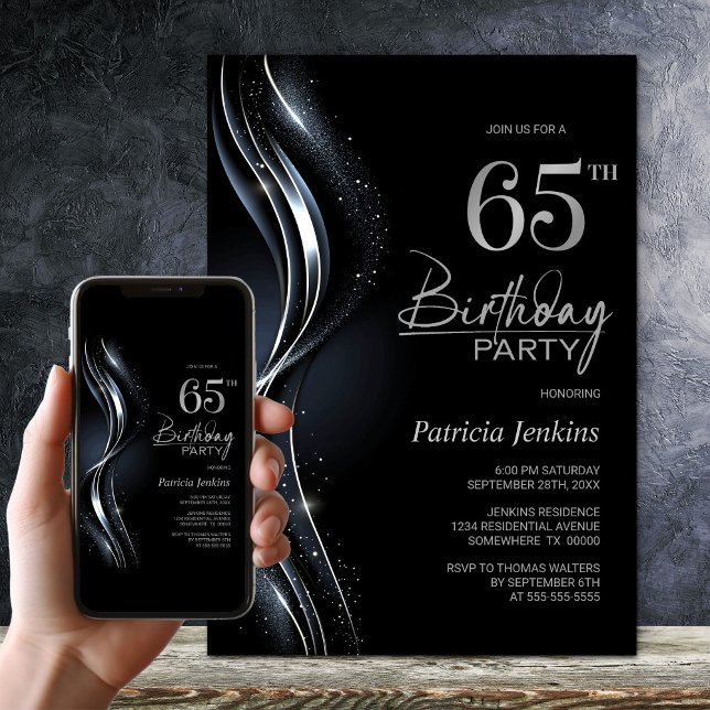 Stylish Black and Silver 65th Birthday Party Invitation (Creator Uploaded)