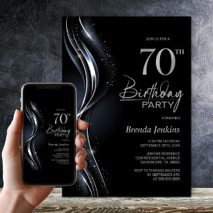 Stylish Black and Silver 70th Birthday Party Invitation