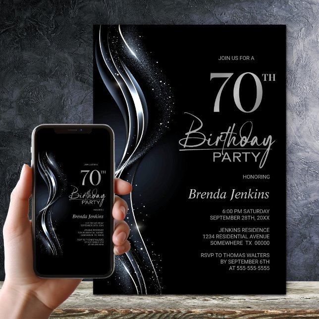 Stylish Black and Silver 70th Birthday Party Invitation (Creator Uploaded)