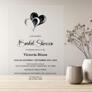 Stylish Black and Silver Hearts Bridal Shower Acrylic Invitations