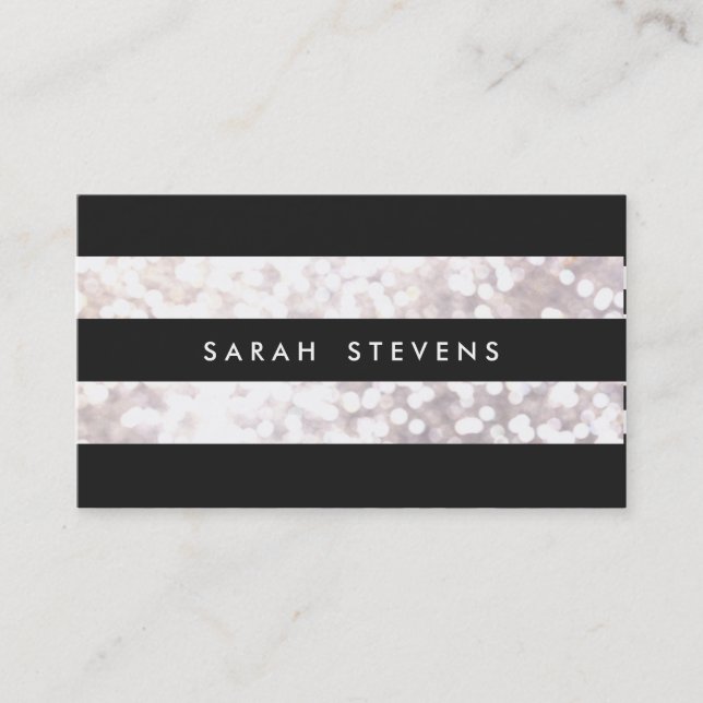 Stylish Black and White Bokeh Striped Modern Business Card (Front)