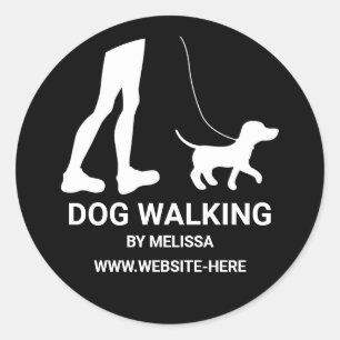 Stylish Black And White Dog Walker Silhouette Classic Round Sticker
