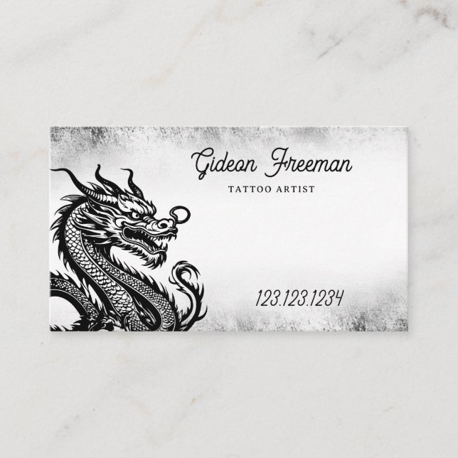 Stylish Black and White Dragon Mystical Tattoo Business Card (Front)
