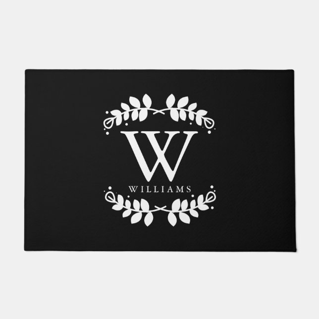 Stylish Black and White Family Monogram Doormat (Front)