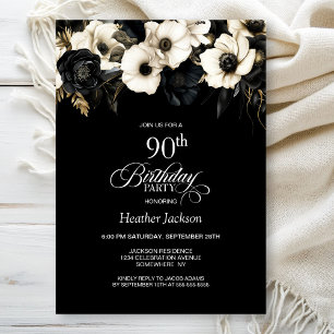 Stylish Black and White Floral 90th Birthday Party Invitation