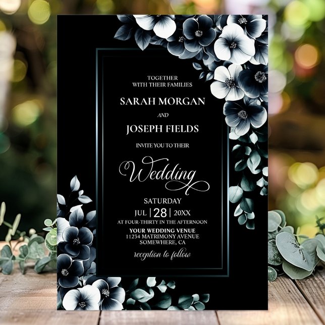 Stylish Black and White Floral Wedding Invitation (Creator Uploaded)