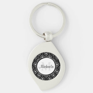 Stylish Black and White Hearts Monogram With Name Key Ring