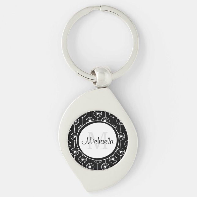 Stylish Black and White Hearts Monogram With Name Key Ring (Front)