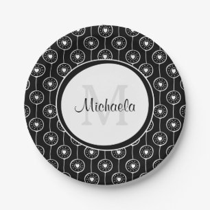 Stylish Black and White Hearts Monogram With Name Paper Plate