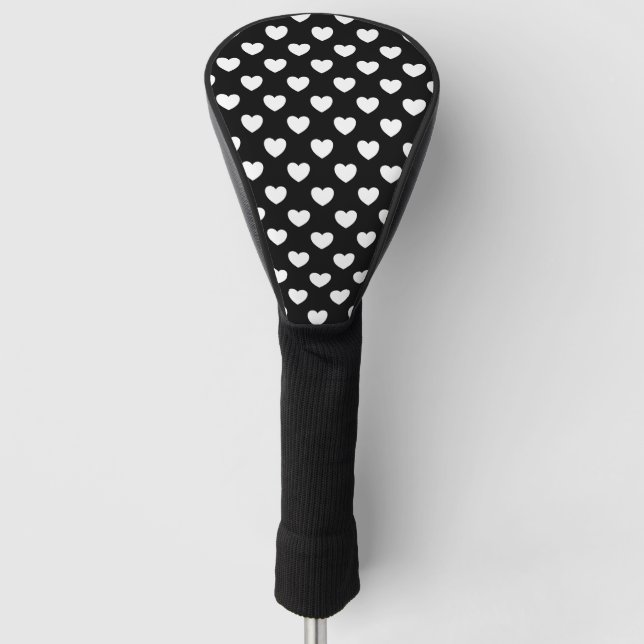 Stylish Black And White Hearts Polka Dot Pattern Golf Head Cover (Front)