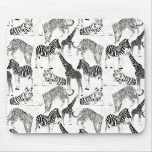 Stylish Black and White Jungle Animals Pattern Mouse Pad