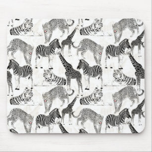 Stylish Black and White Jungle Animals Pattern Mouse Pad