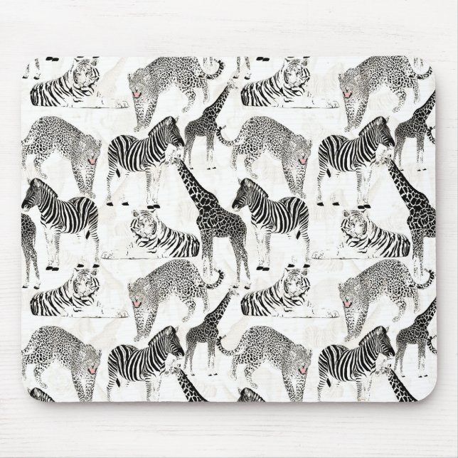Stylish Black and White Jungle Animals Pattern Mouse Pad (Front)