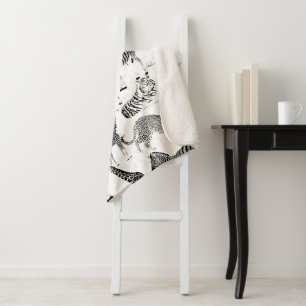 Stylish Black and White Jungle Animals Pattern Sherpa Blanket