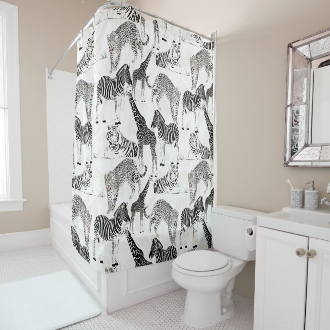 Stylish Black and White Jungle Animals Pattern Shower Curtain (In Situ)