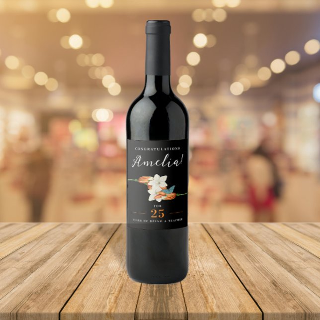 Stylish Black And White Lily Retro Retire Floral  Wine Label (Creator Uploaded)