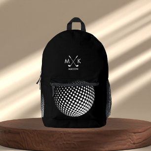 Stylish Black And White Modern Golf Ball Monogram Printed Backpack
