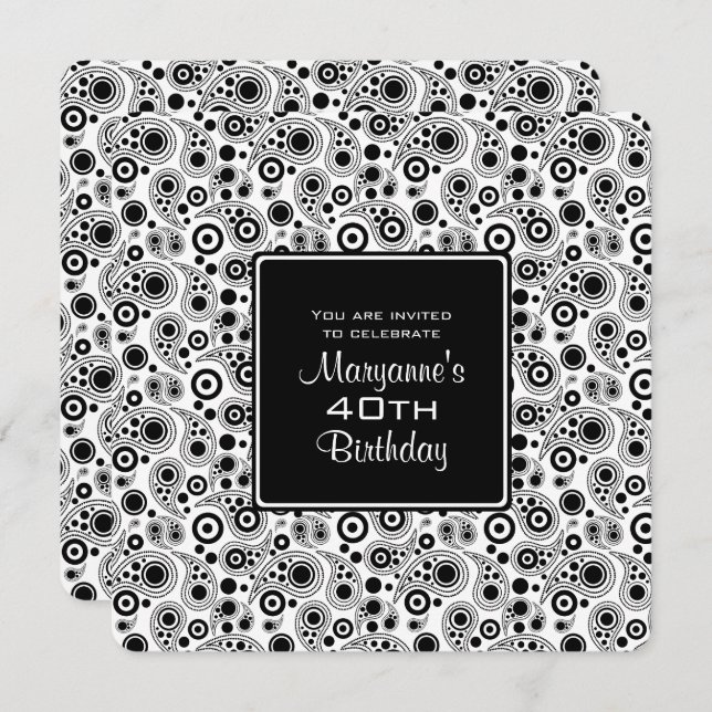Stylish Black and White paisley style Birthday Invitation (Front/Back)