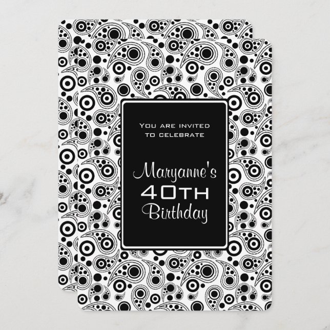 Stylish Black and White paisley style Birthday Invitation (Front/Back)