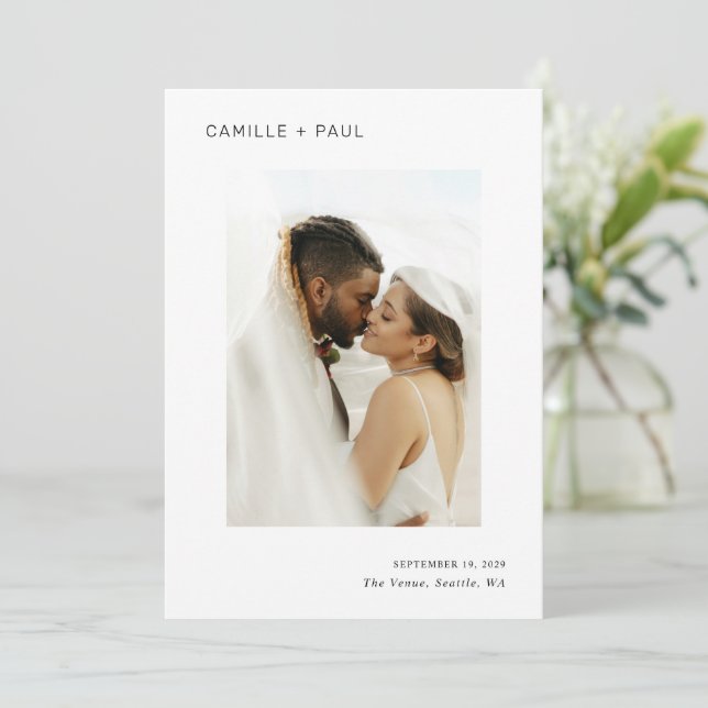 Stylish Black and White Photo Minimalist Wedding Save The Date (Standing Front)