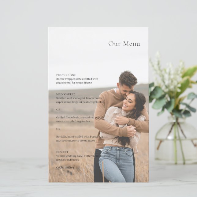 Stylish Black and White Photo Modern Wedding Menu (Standing Front)