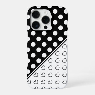 Stylish Black And White Polka Dots And Hearts iPhone 16 Pro Case