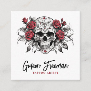 Stylish Black and White Roses Skull Tattoo Artist Square Business Card