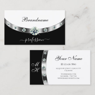Stylish Black and White Silver Border and Monogram Business Card